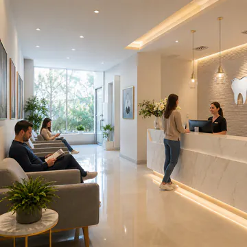 Recepción y sala de espera con pacientes